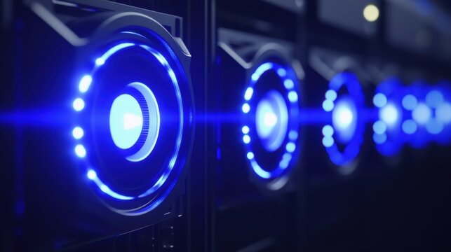 A row of modern server racks displaying blue lights and indicators for data processing.