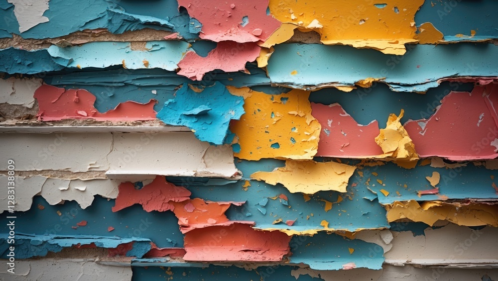 Poster multi-layered flaking paint texture on wall featuring vibrant colors creating a unique grunge patter