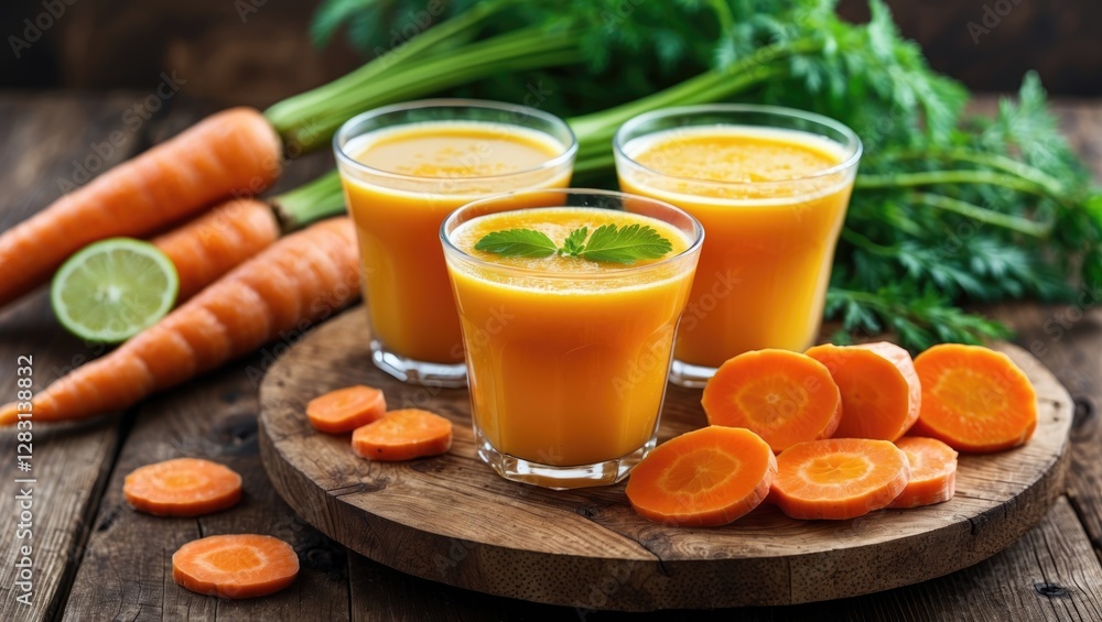 Poster freshly squeezed carrot juice in glasses accompanied by carrot slices on a rustic wooden table with 