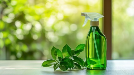 eco friendly cleaning green spray detergent in bottle, concept of spring cleaning housekeeping housework, clean bathroom house with sustainable environmentally friendly bio organic cleaning liquid