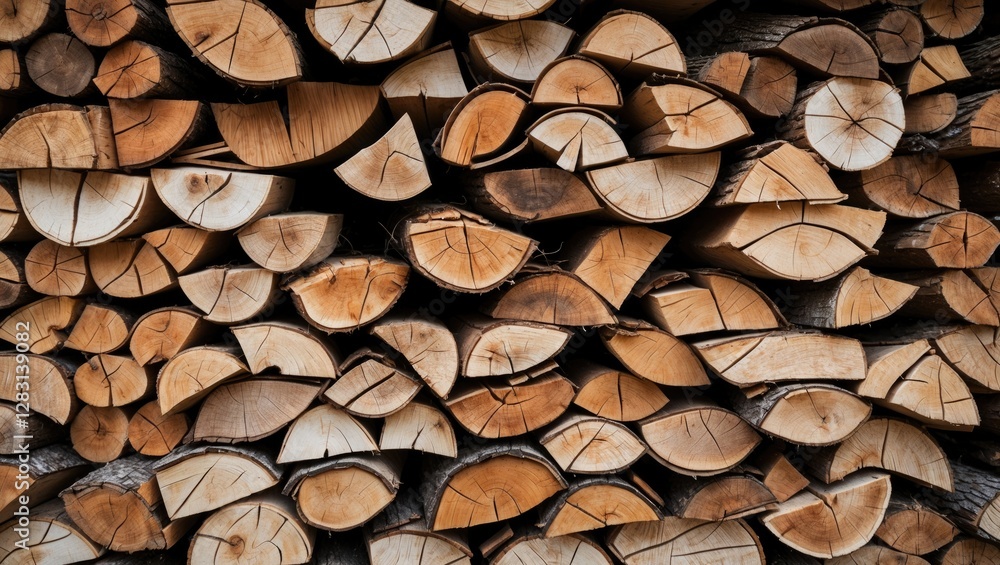 Poster close-up of neatly stacked firewood showcasing natural textures and patterns in a rustic woodpile ba