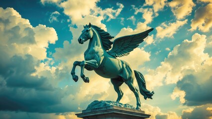 Majestic winged horse statue set against a dramatic clouded sky providing ample copy space for creative use