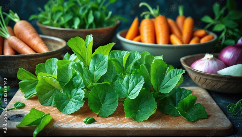 Poster fresh green sorrel leaves on a wooden cutting board with an array of colorful vegetables in rustic b