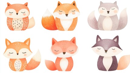 Obraz premium Mystical Animal Totems featuring foxes, owls, wolves, showcasing their spiritual meanings in a colorful watercolor style on a clean white background for artistic use