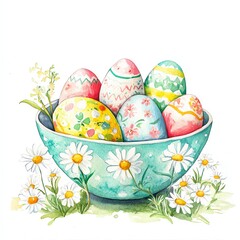 Fototapeta premium Colorful Easter eggs in a bowl surrounded by daisies, celebrating spring festivities.