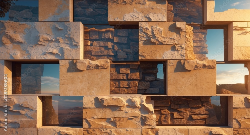 Poster beige stone wall texture with clear brown rock patterns illuminated by sunset creating an abstract a
