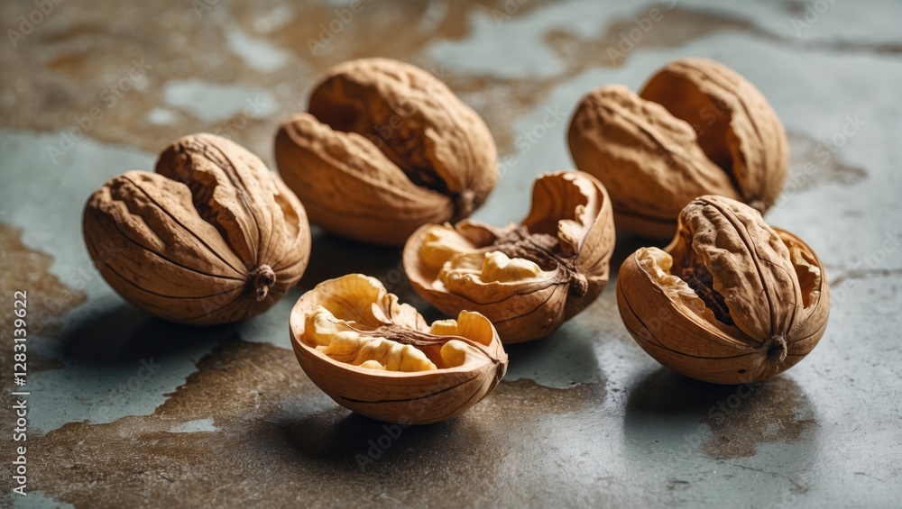 Aufkleber raw walnuts in their shells arranged artfully on a rustic ceramic surface showcasing texture and nat