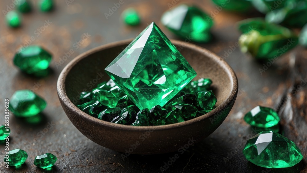 Poster vibrant green emerald gemstone set in a rustic bowl surrounded by smaller emeralds creating an elega