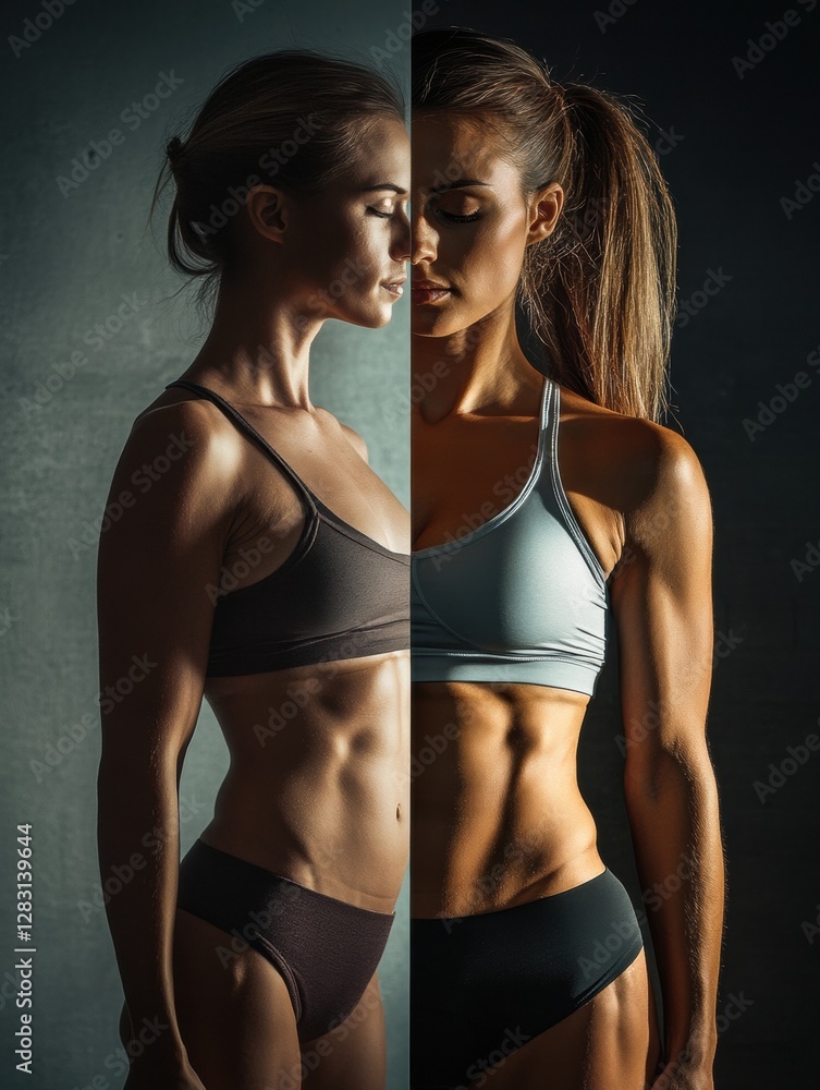 Poster transformation of a womans body showcasing fitness progress in a studio setting with motivational li