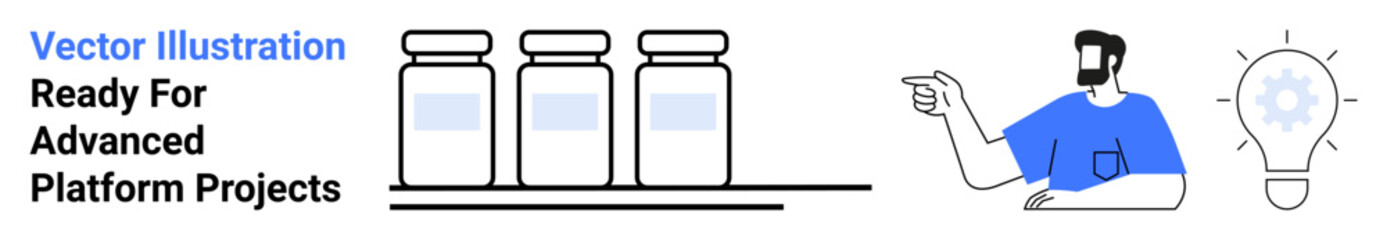 Scientist gesturing to emphasize innovation, next to three lab vials and a glowing lightbulb. Ideal for science, research, innovation, technology, education, discovery, flat landing page banner