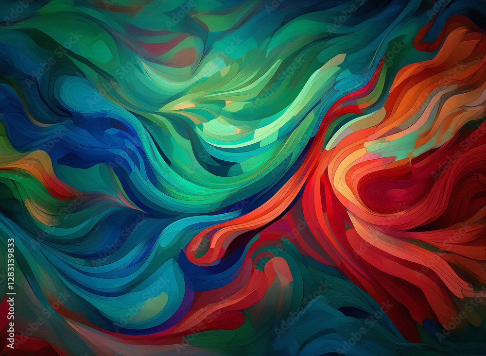 Poster vibrant abstract background with flowing paint strokes. a dynamic blend of cool blue and green hues 