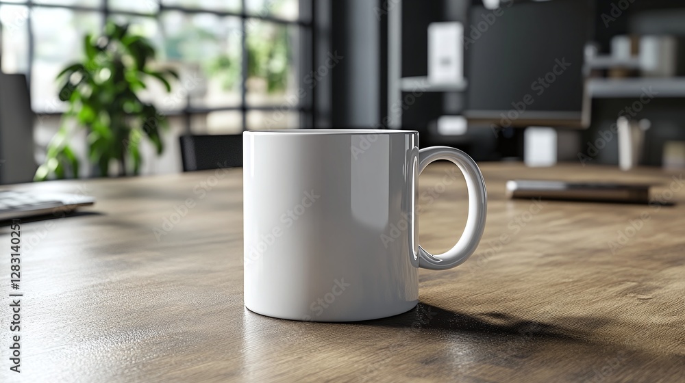 Poster white coffee cup on a contemporary office desk with an empty blank mockup design placed near a compu
