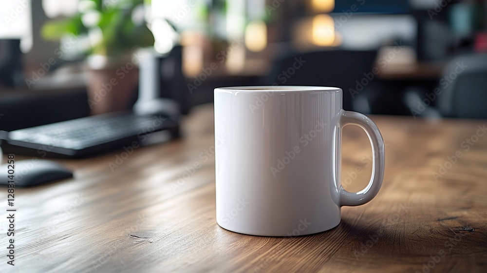 Poster white coffee cup on a contemporary office desk with an empty blank mockup design placed near a compu