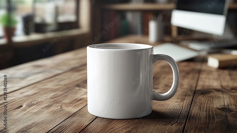 Poster white coffee cup on a contemporary office desk with an empty blank mockup design placed near a compu