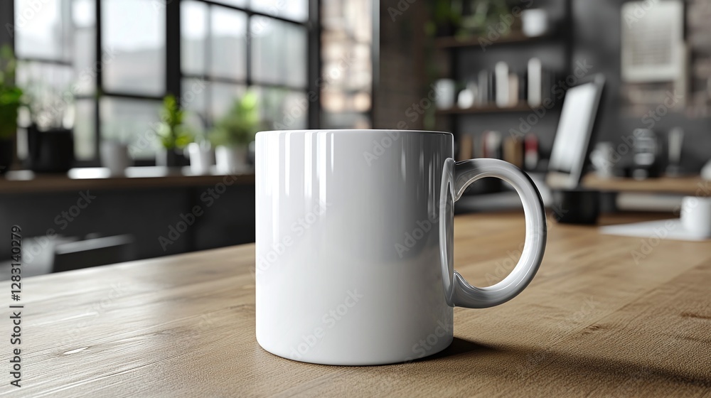 Poster white coffee cup on a contemporary office desk with an empty blank mockup design placed near a compu