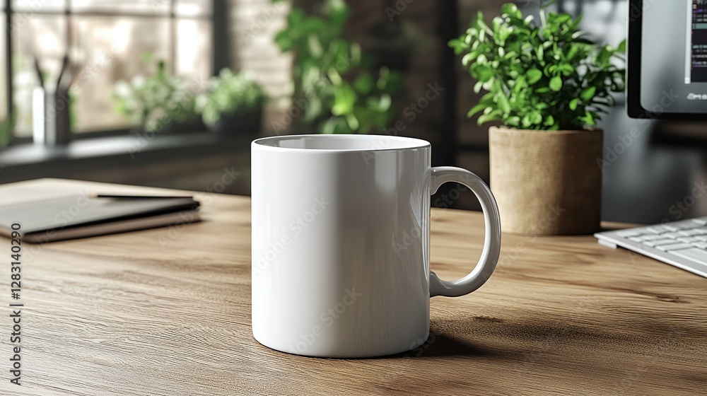 Poster white coffee cup on a contemporary office desk with an empty blank mockup design placed near a compu