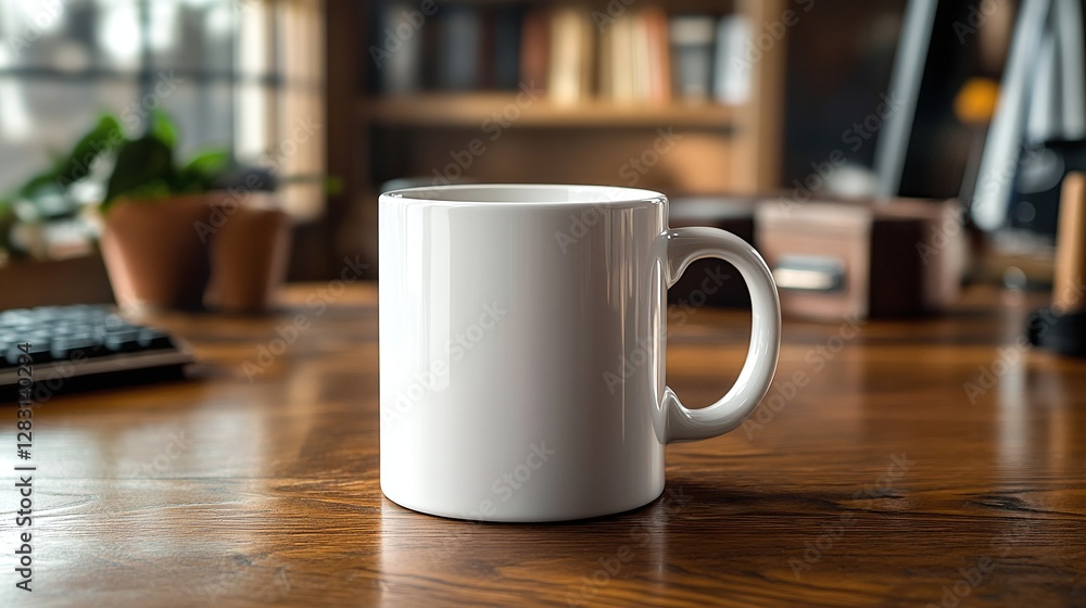Poster white coffee cup on a contemporary office desk with an empty blank mockup design placed near a compu