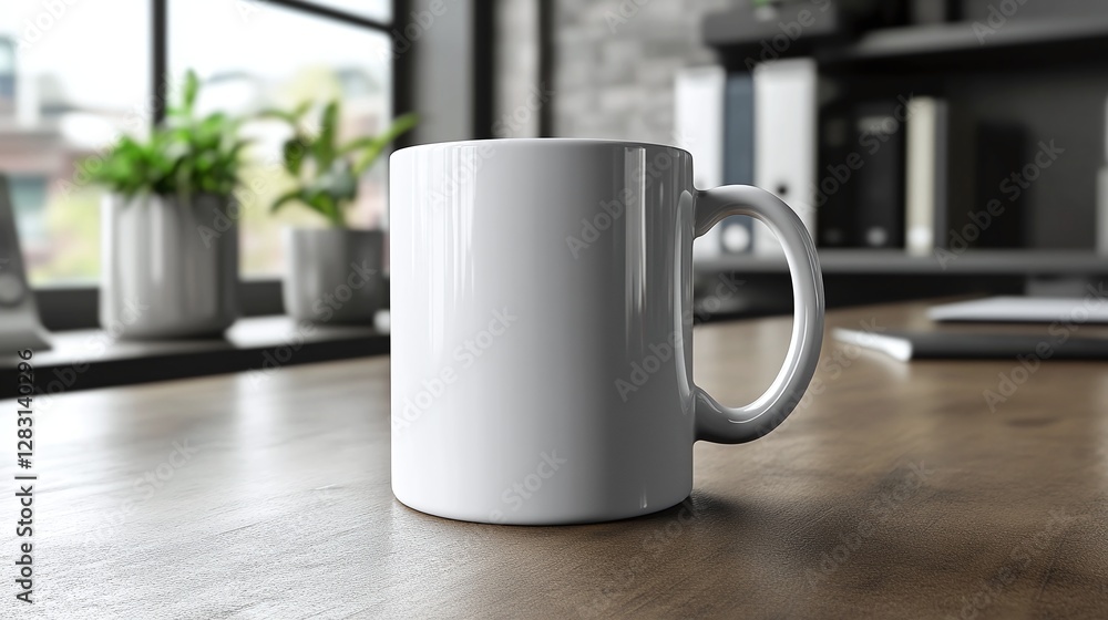 Poster white coffee cup on a contemporary office desk with an empty blank mockup design placed near a compu