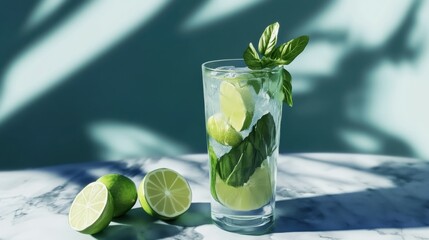 Mojito cocktail with lime and mint in highball glass on a marble table Blue background : Generative AI