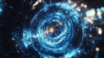 Abstract swirling blue and orange energy vortex.