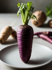 Realistic Purple Carrot on Plate – High-Resolution Organic Food Shot
