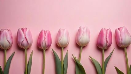 Obraz premium Pink Tulips Row, Spring Flowers, Floral Background