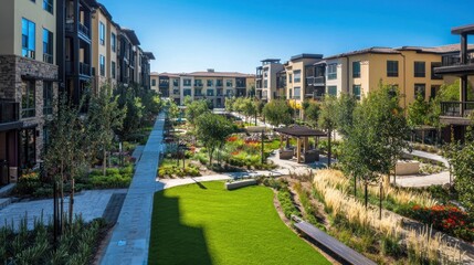 Obraz premium Luxury Apartment Complex with Landscaped Courtyard