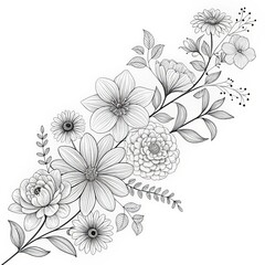 Fototapeta premium Linear Flower Bouquet Composition Black and White Floral Illustration, Botanical Line Art, Flower Design Botanical illustration, Line art