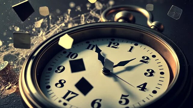 Antique Pocket Watch Exploding into Fragments Against Dark Background