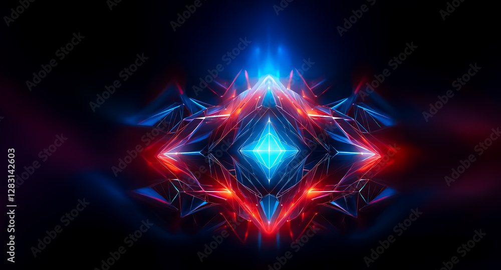 Poster abstract geometric form with blue and red light emitting from its sharp edges. symmetrical and intri