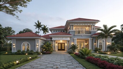 Fototapeta premium Luxury Villa Exterior 3D Render Mediterranean Design, Dusk Lighting, Architectural Visualization, House Design Architectural Visualization, 3D Rendering
