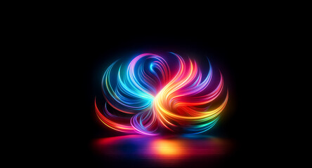 A sphere of vibrant, swirling light radiates against a stark black background.  Streaks of blue, red, yellow, and orange create a circular, dynamic shape.
