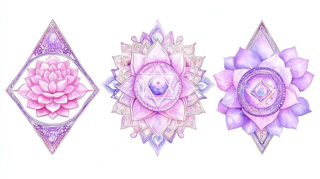 Vedic Yantras Sacred Diagrams for Meditation and Prosperity, Intricate Watercolor Designs, Isolated on White Background, Ideal for Spiritual and Cosmic Energy Themes