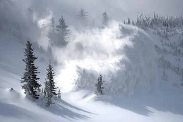Naklejka premium A powerful avalanche descends a snow-covered mountain, engulfing trees and creating a dramatic winter scene, showcasing nature's extreme force in icy landscape.