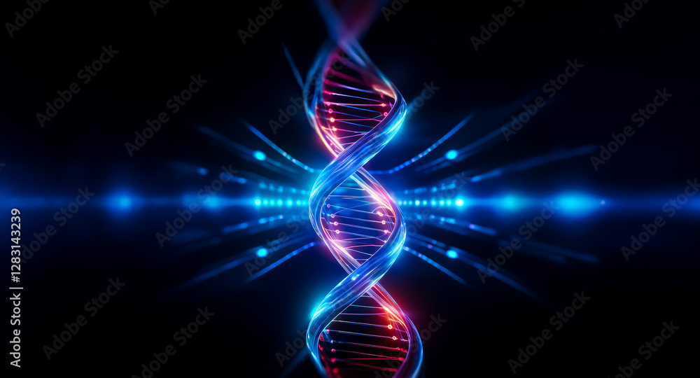 Poster illuminated dna double helix structure in vibrant blue and red hues against a dark backdrop. abstrac
