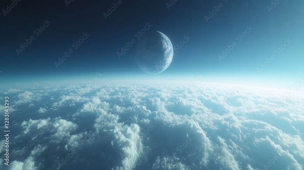 Aufkleber Above a vast blanket of fluffy clouds, a captivating planet hovers quietly in the twilight sky. The soft hues of the setting sun reflect on the cloud tops, creating an ethereal atmosphere