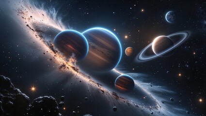 A stunning view of multiple planets aligned within a vibrant nebula, showcasing the wonders of space.