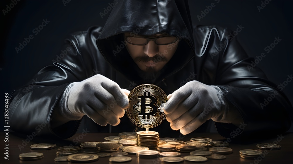 Poster skilled forensic analyst meticulously tracing and investigating illegal cryptocurrency transactions 