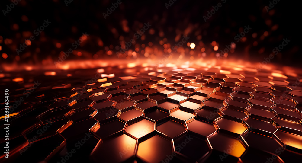Poster abstract low angle view of glowing orange hexagonal tiles on a dark surface with blurry sparks in th