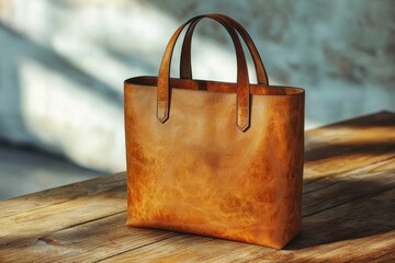 A stylish brown leather tote bag with sleek handles on a rustic wooden table, enhanced by natural light, showcasing its elegant craftsmanship and high quality materials.