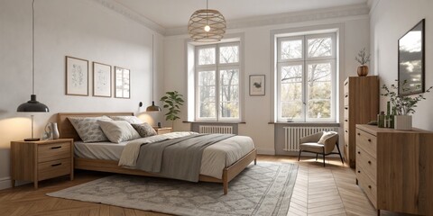 Modern Bedroom Design Wooden Furniture, Neutral Tones, Large Windows, Area Rug, Bedroom Decor Bedroom Design, Interior Design