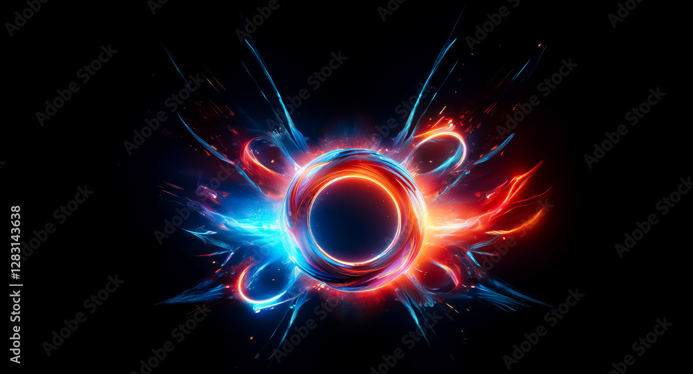 Poster vibrant abstract design featuring a central circular form with dynamic blue and red light streaks em