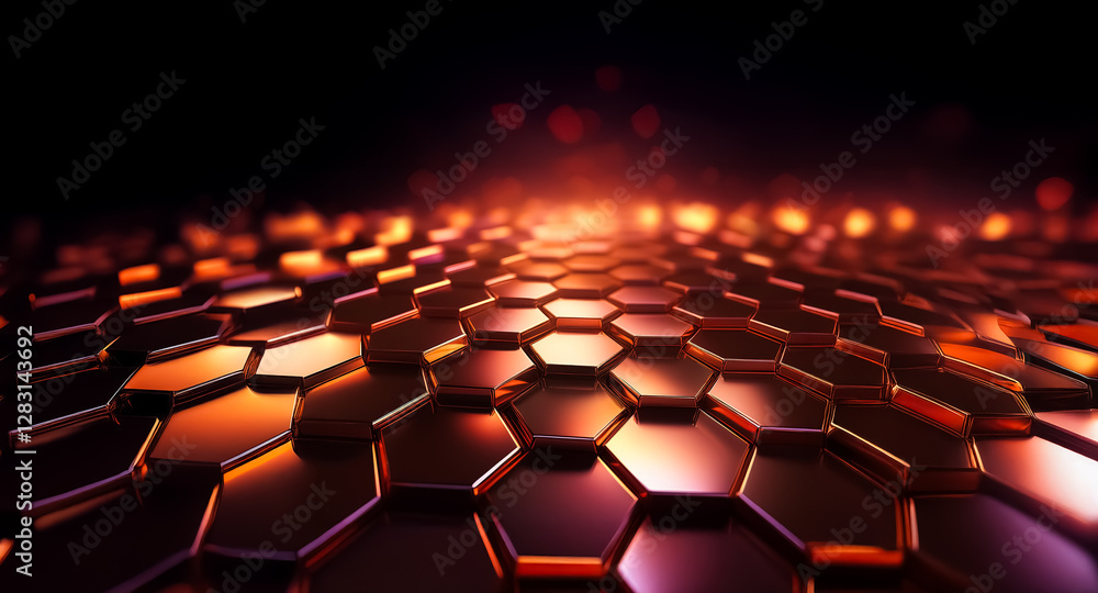 Poster abstract surface of glowing hexagonal tiles in warm orange and red hues. dark backdrop and bokeh lig