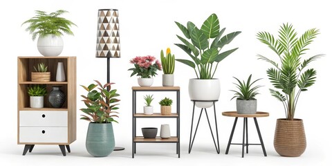Modern Interior Plant Arrangement Cabinet, Shelving, Potted Plants, Floor Lamp, 3D Render, Home Decor Potted Plants, Interior Design