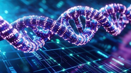 Futuristic Digital DNA Strand Overlaid on Data Grid with Vibrant Colors and Glowing Effects in High-Resolution Format