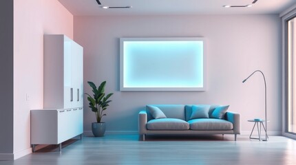 Modern style white living room interior with blank wall for copy space 3d render,There are wooden floors with large windows overlooking entrance door and nature view.