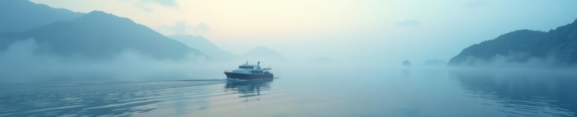 Naklejka premium A boat sailing through a veil of mist on an open sea with distant mountains, sea, mist, calm