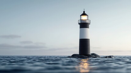 Futuristic Digital Lighthouse in a Serene Ocean Setting at Dusk with Soft Lighting and Tranquil Water Reflections