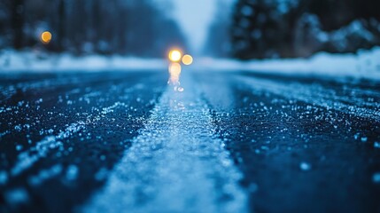 winter transportation challenges on a frosty asphalt road with ice and snow making the highway surface slippery for outdoor driving and seasonal travel