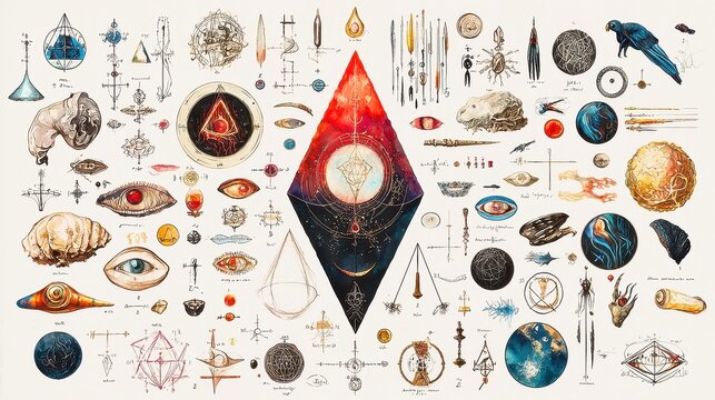 Ancient Alchemy Symbols, intricate sigils and elemental designs representing transmutation in a mystical watercolor style, isolated on a white background for creative use
